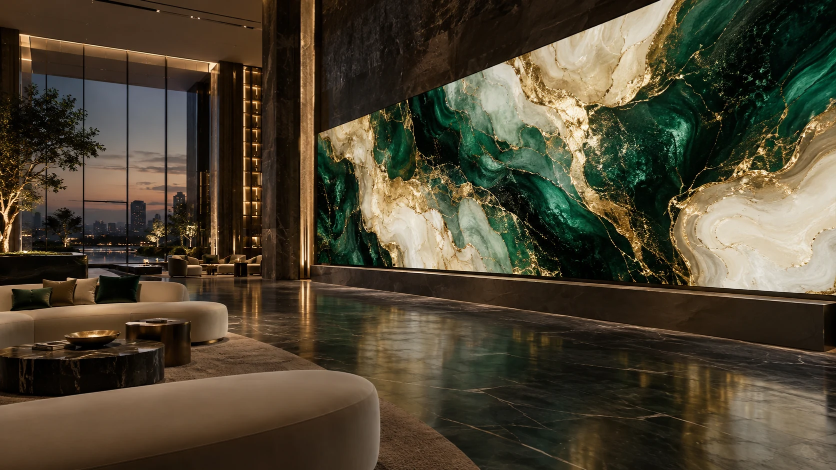 Illustrative indoor lobby with a large LED feature wall