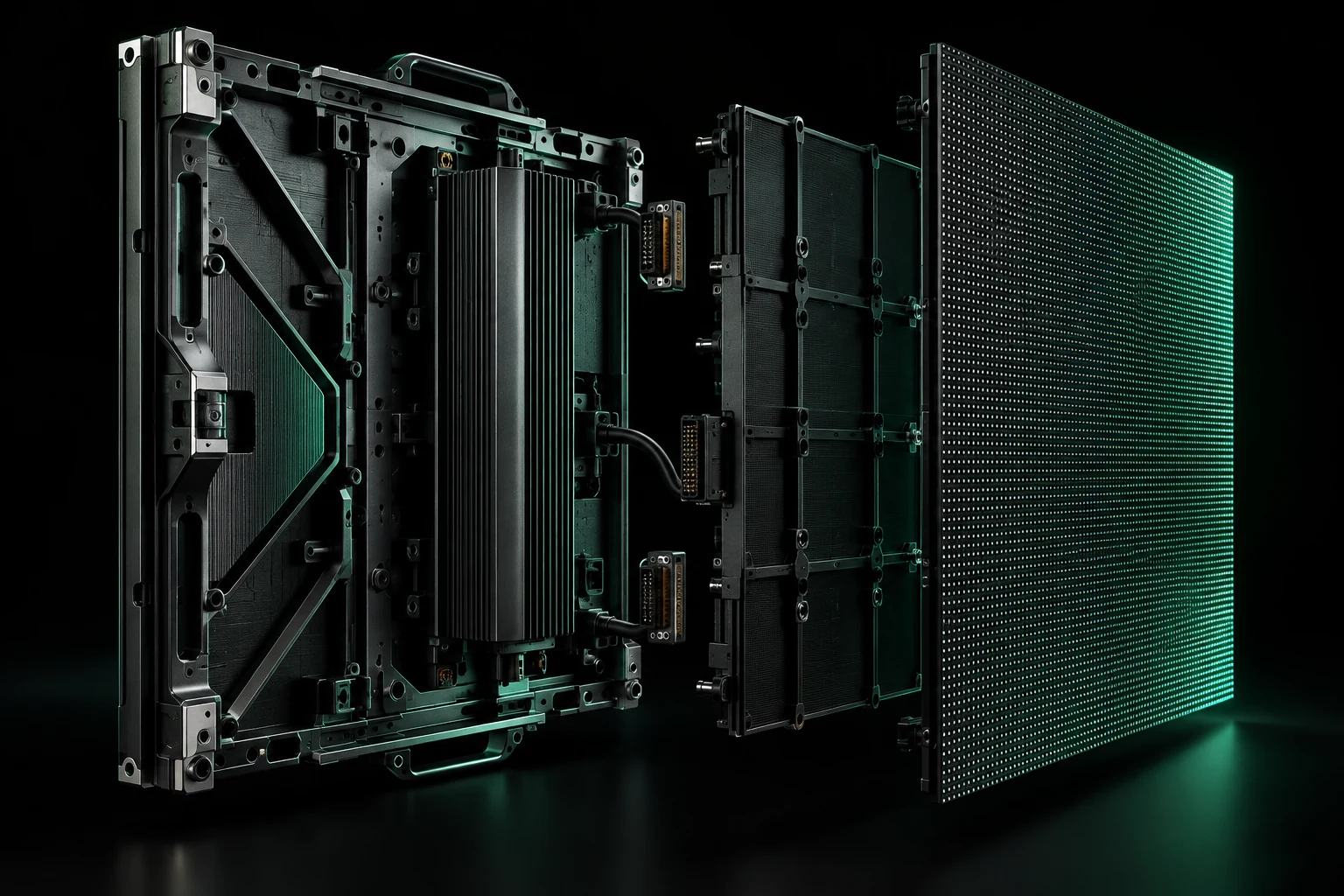 Exploded LED display showing its precision chassis and pixel module
