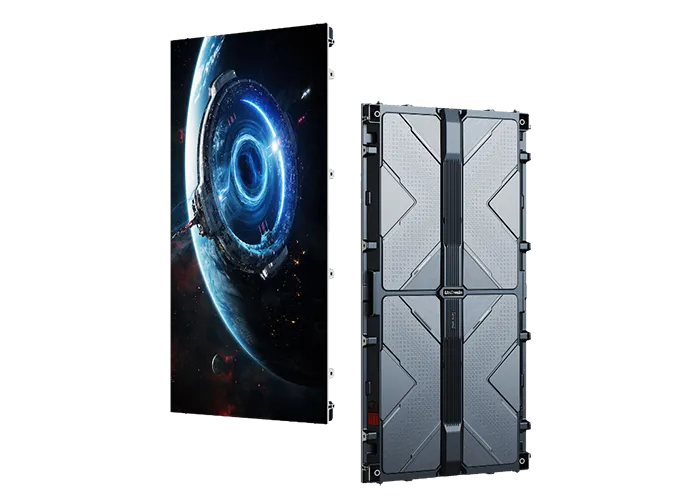 LED display cabinet shown from the front and rear with blue circular artwork