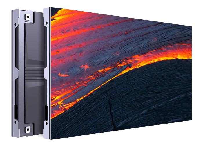Slim LED display panel with orange lava artwork and its rear cabinet