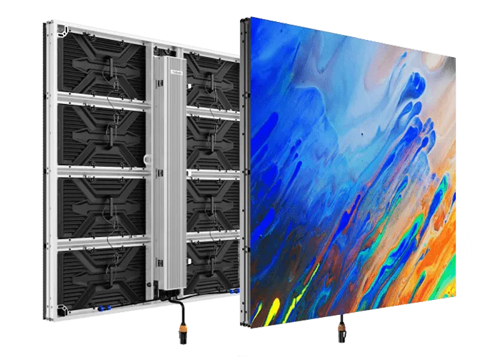 Large LED display with blue and orange artwork beside its rear frame