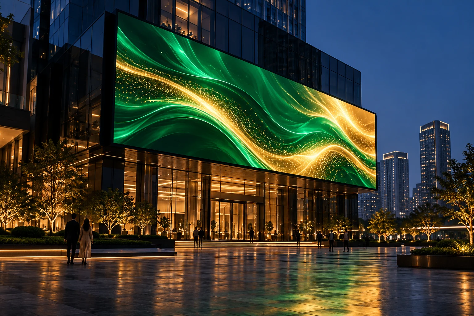 Illustrative outdoor LED billboard on a commercial building at dusk