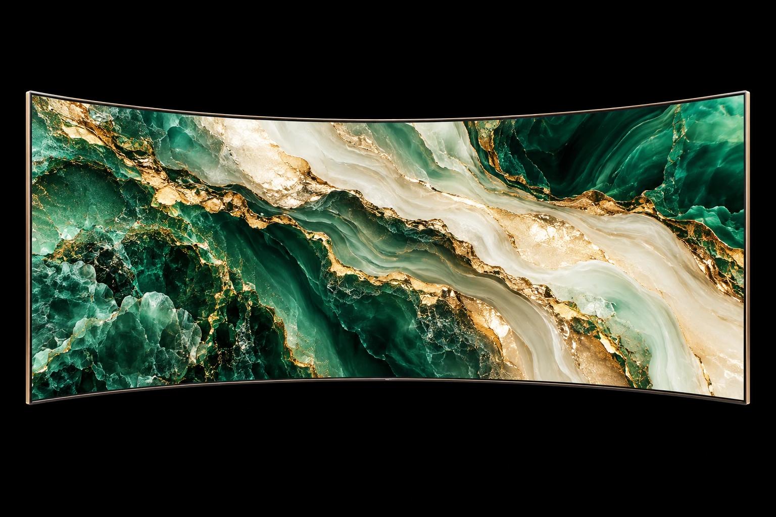 Front view of a gently curved LED screen in the same black studio